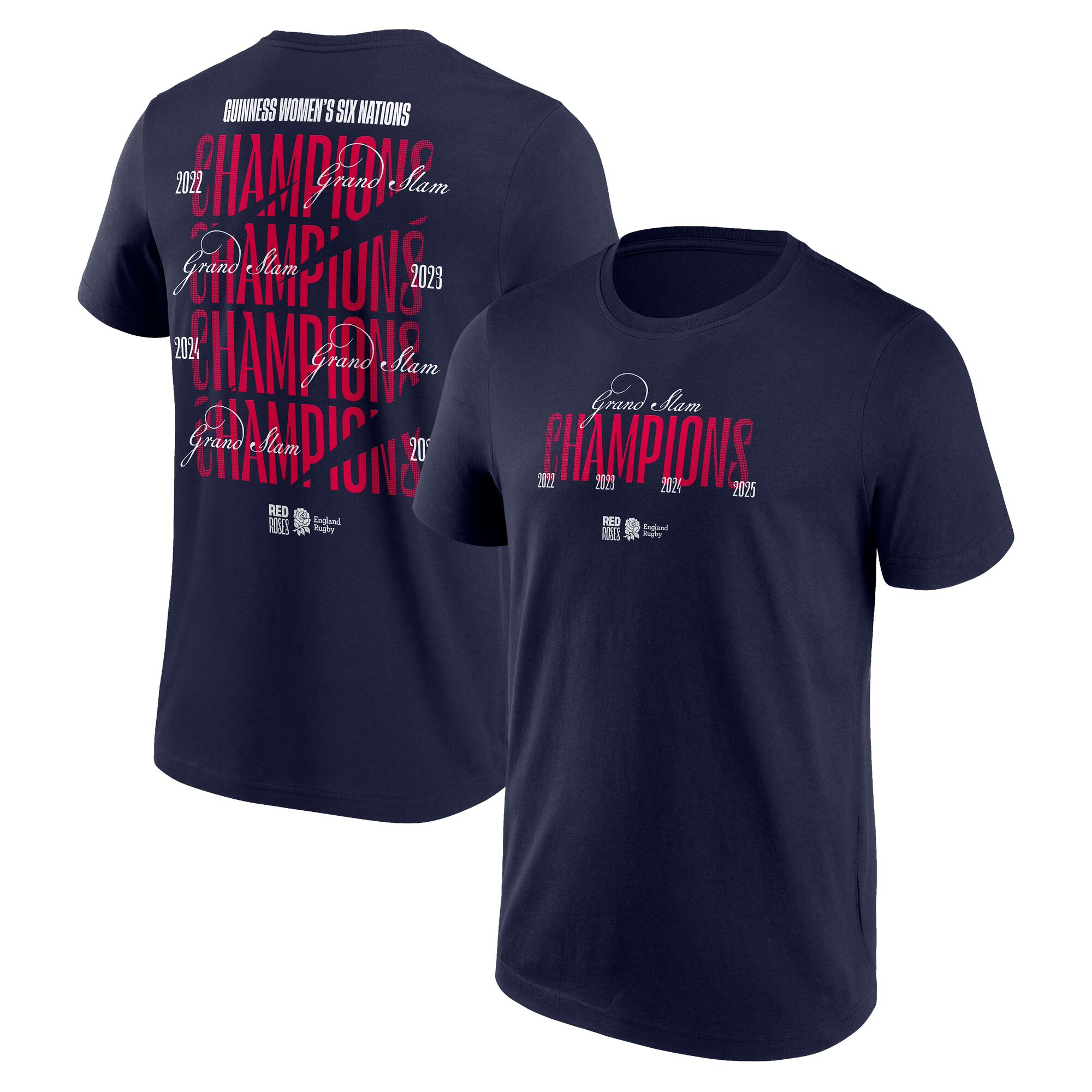 England Rugby Red Roses Guinness Womens Six Nations 2025 Grand Slam Champions T-Shirt - Navy