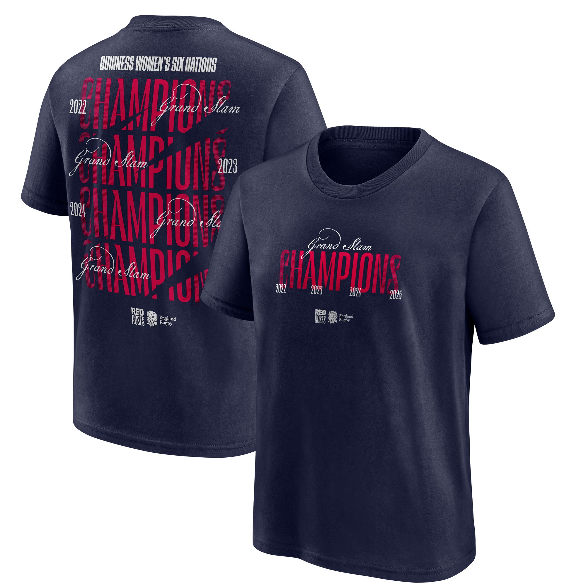 England Rugby Red Roses Guinness Womens Six Nations 2025 Grand Slam Champions T-Shirt - Navy - Junior