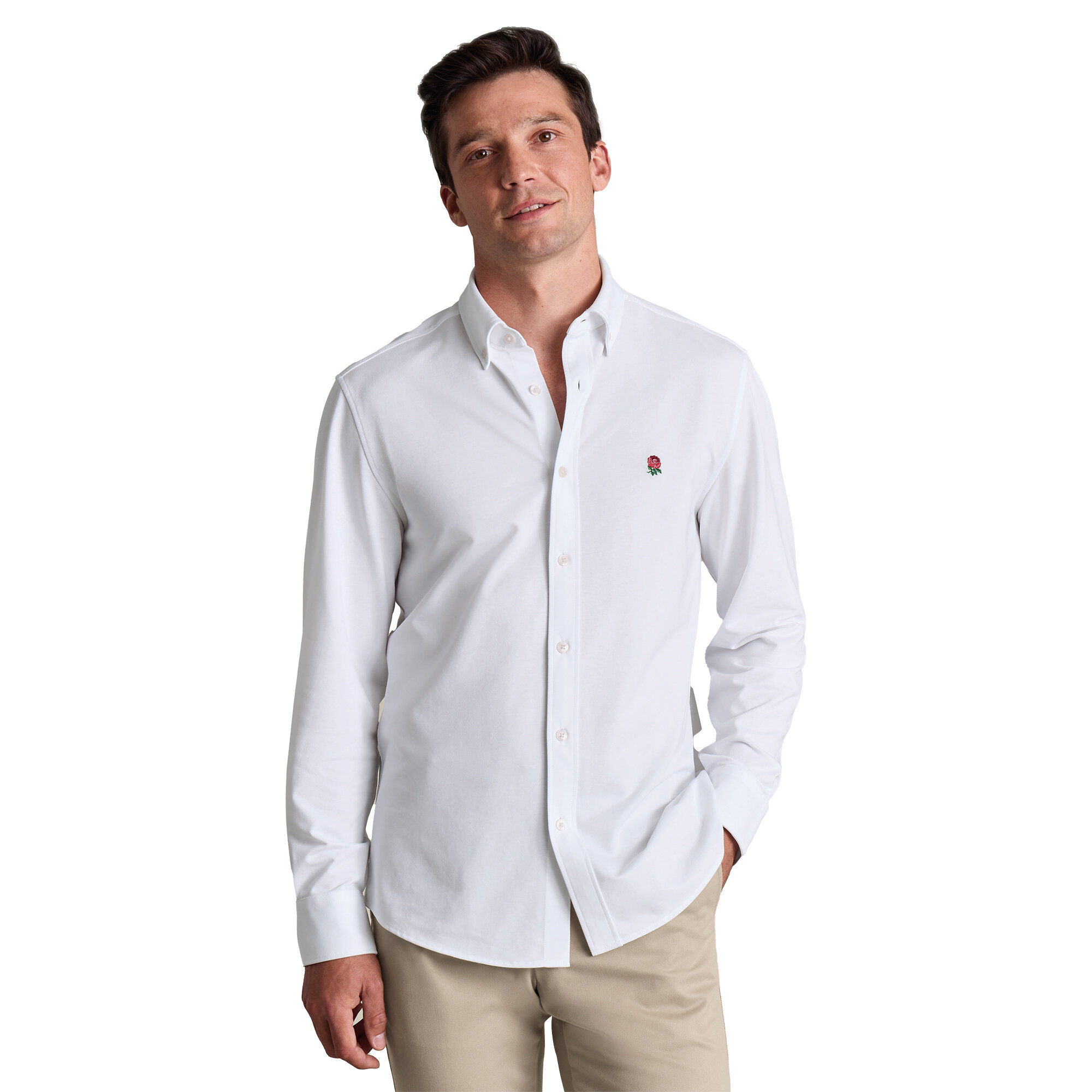 England Rugby Charles Tyrwhitt Four Way Stretch Button Down Jersey Shirt - White